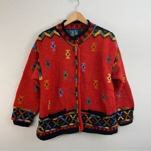 Newari Red 100% Wool Made in Nepal Sweater Cardigan ‎ Colorful Woman’s Size S/M